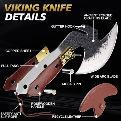 Topfeel Hand Forged Viking Knife 6.2" Meat Cleaver with Sheath, Chinese Kitchen Axe Boning Knife for Meat Cutting, High Carbon Steel Butcher Knife Home Outdoor BBQ Camping Birthday Gifts for Men Dad - Thumbnail 3