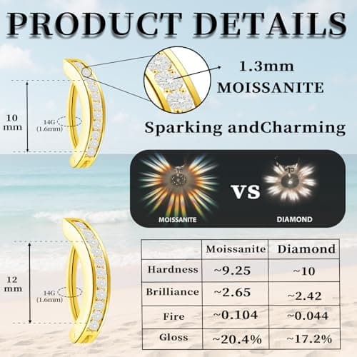 hooppoo 2-Piece Moissanite Belly Ring Set, Hypoallergenic Titanium Clicker with 14K Gold Plating - 10mm & 12mm Simple Reverse Navel Piercing Jewelry for Women, Men & Sensitive Skin (Gold) - Thumbnail 3