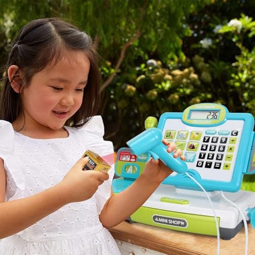 FS Pretend Play Calculator Cash Register Toy as Preschool Gift for Kids, Classic Count Toy with Sound, Microphone, Scanner, Pretend Credit Card, Play Food for Boys & Girls,45 Pieces, Ages 3 4 5 6 7 - Thumbnail 2