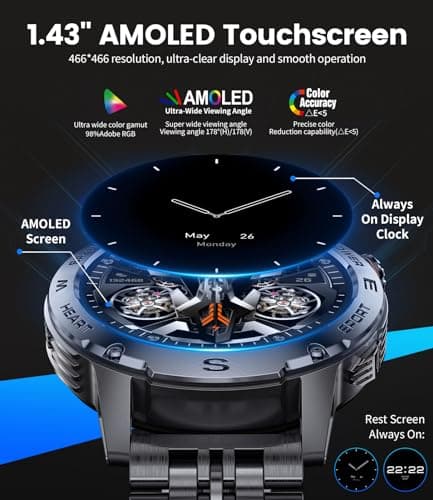 LIMIGE Military Smart Watch for Men, 1.43'' AMOLED Rugged Smart Watch with 600mAh Battery/Heart Rate/Blood Pressure/Sleep Monitor,IP68 Waterproof Fitness Tracker Watch for Android iPhone Black - Thumbnail 2