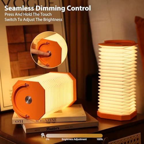 Ba suns Portable Paper Lamp,White Accordion Desk Lamp,Japanese Lanterns lamp for Home Decoration and Gift,Dimmable Bedside Lamp,1200mAh USB Powered Night Light for Bedroom,Office,Reading （Orange - Thumbnail 4