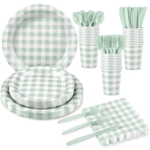 NatNarr 175 Pcs Gingham Paper Plates, Sage Green Baby Shower Decorations Include Sage Green Plates and Napkins Disposable Checkered Dinnerware Set for Bridal Shower, Wedding, Birthday - Image 1