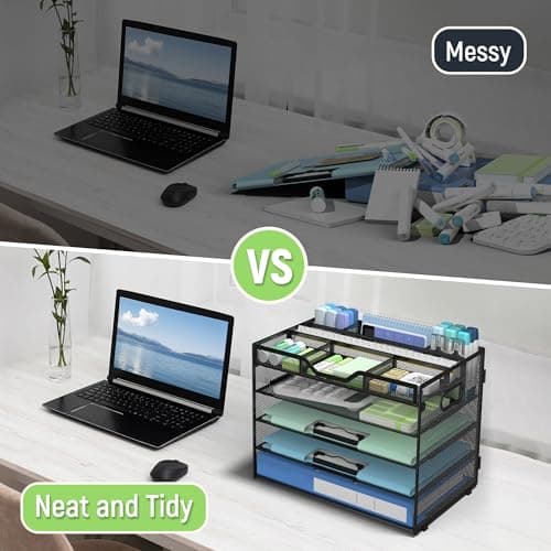 Docnest 5 Tier Mesh Desk Organizer with Adjustable Compartments - Stackable Letter Tray with Built-in Pen Holder & Handles - Desktop File Storage for Office, Home, School Supplies - Black - Thumbnail 2