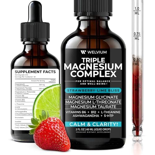 WELVIUM Triple Magnesium Complex Liquid Drops - Magnesium Glycinate Supplement with L-Threonate, Taurate - Ashwagandha, L-Theanine, 5-HTP, Vitamins B6, B12, Bromelain, Inositol for Mineral Balance - Image 1