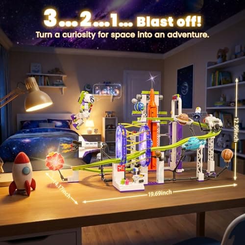 Glikid Space Roller Coaster Building Toy, 1104 PCS Universe Adventure Park Set with Light Up Solar System, Rockets, Satellites, STEM Educational and Home Decor Gifts for Kids, Teens & Adults, Ages 8+ - Thumbnail 2