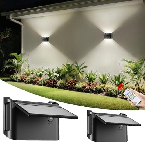 Lightonight Solar Wall Lights Outdoor 2 Pack, Up and Down Lighting with Remote Control, 3 Color Temperatures (3000K/4500K/6000K), Dimmable IP65 Waterproof Solar Light for Porch Patio Garage Yard House