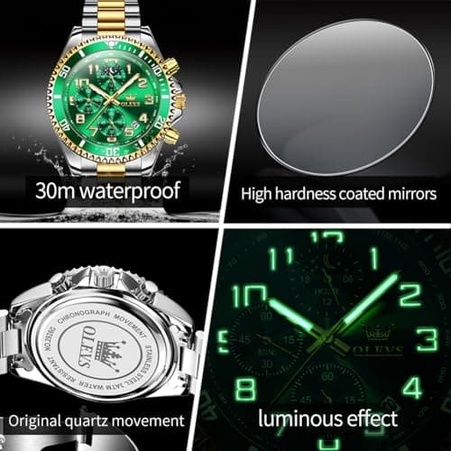 OLEVS Male Green Watches Chronograph Luxury Dress Moon Phase Numeral Stainless Steel Waterproof Luminous Business Casual Wrist Watch - Thumbnail 4