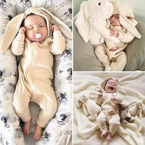 Simplee kids Animal Bunny Baby Easter Clothes Long Ear Rabbit Hoodie Romper with Zipper Light Yellow 18-24 Months - Thumbnail 2