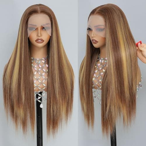 Barbique 13x6 Lace Front Wig 26 Inch Straight Synthetic Wig Brown Highlight