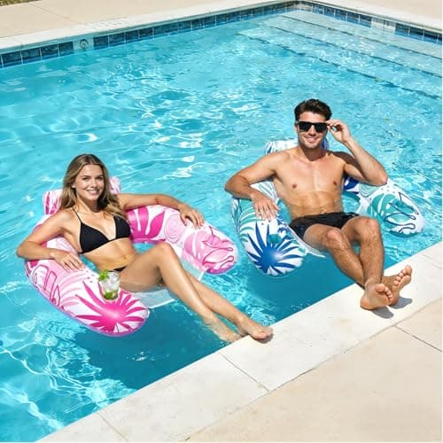 2 Pack Pool Floats Adult, Inflatable Pool Float Chair with Cup Holders, Floating Pool Chairs Lounge Floaties for Adults Swimming Party Lake River Beach Summer Water Fun - Thumbnail 4