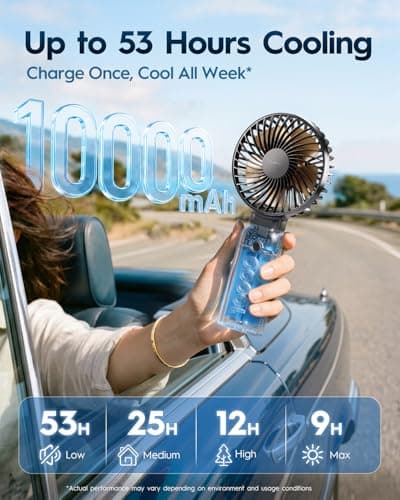 Funme Portable Handheld Fan, 53H Max Cooling Time Travel Fan, 10000mAh Personal Fan with Power Bank, 4 Speeds Rechargeable Fan, Handheld/Foldable 180° Design for Desk/Travel/Office/Outdoor - Black - Thumbnail 2