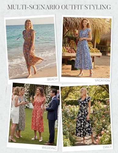 Women's Beach Dress, Casual Floral Summer Maxi Dresses, Short Sleeve Long Flowy Bohemian Vacation Sundress(Navy Blue,M) - Thumbnail 5