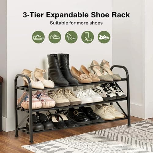 Atrastout 3-Tier Shoe Rack for Closet, 16"-32" Expandable ShoeRackAdjustable for Entryway Closet Doorway SturdyMetal, Black - Thumbnail 3