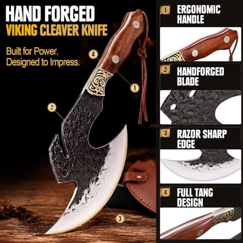 Topfeel Hand Forged Viking Knife 6.2" Meat Cleaver with Sheath, Chinese Kitchen Axe Boning Knife for Meat Cutting, High Carbon Steel Butcher Knife Home Outdoor BBQ Camping Birthday Gifts for Men Dad - Thumbnail 2