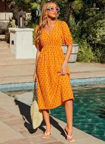 Dokotoo Summer Womens Dresses a Line Floral Flowy Casual Sundress Fashion Clothing Short Sleeve V Neck Boho Maxi Dress with Pockets 2026 Easter Spring High Waist Flowy Loose Fit Beach Dress Orange - Thumbnail 5