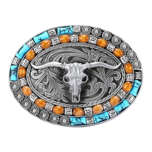 SENDEFN Vintage Rugged Men's Cowboy Belt Buckle with Long Horn Bull Design (Silvery, For Belt Width 1 3/8) - Image 1