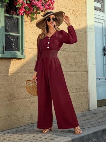 LOOKBOHO Womens Long Sleeve Jumpsuits 2026 V Neck High Waist Wide Leg Romper Dressy Casual One Piece Outfits Wine Red Medium - Thumbnail 4