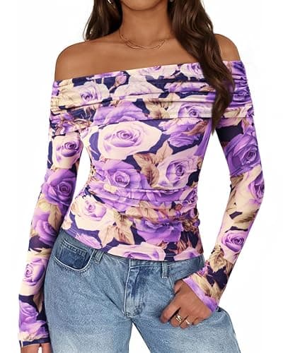 PRETTYGARDEN Womens Tops 2026 Spring Off The Shoulder Long Sleeve Fitted Y2k Shirts Floral Ruched Mesh Going Out Outfits(Purple Flower,X-Large) - Thumbnail 2
