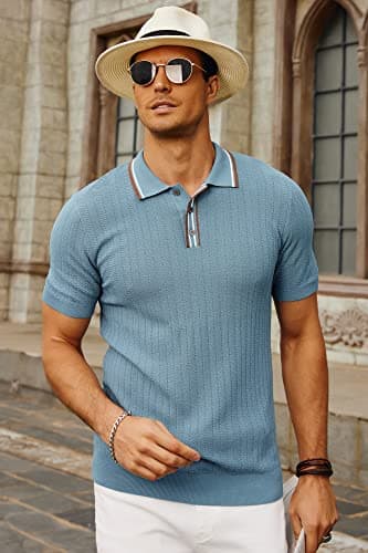 PJ PAUL JONES Blue Polo Shirs for Men Vintage Italian Knitting Golf Polo Shirts for Men Summer Breathable Date Night XXL - Thumbnail 3