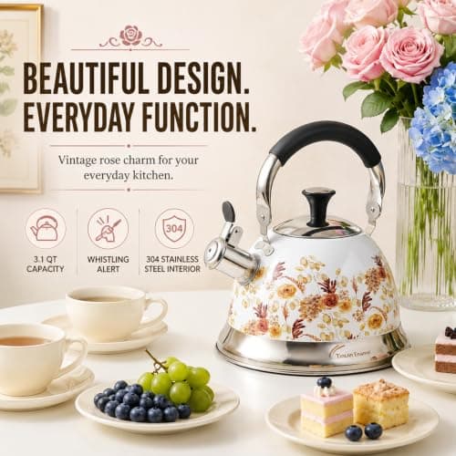 Tinlon Enamel Tea Kettle, 3.1QT Floral Whistling Tea Kettle for Stovetop - Thumbnail 2