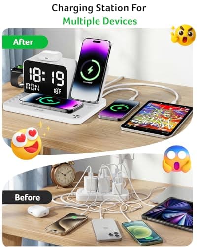 Acer 7-in-1 Wireless Charging Station with LED Clock - 30W Fast Wireless Charger for iPhone 16/15/14/13/12/Pro Max, Apple Watch, AirPods - Bluetooth Auto Time Sync & Night Lights (White) - Thumbnail 4