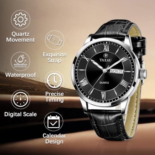 Taxau Mens Watch Black Leather Band Waterproof Watches for Men Casual Analog Quartz Dress Watch Large Face Men's Wrist Watch Classic Luxury Watches with Day Date Luminous - Thumbnail 2