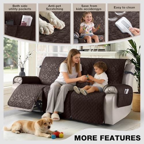 VANSOFY 100% Waterproof Recliner Sofa Covers, Couch Covers with Non-Slip Granule, 3-Piece Washable Reclining Sofa Cover with Pocket Furniture Protector for Kids, Pets（Chocolate,3 Seater） - Thumbnail 4