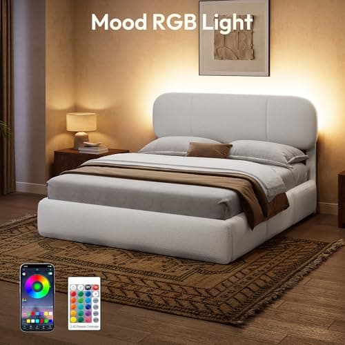 Uteeran Full Size Bed Frame with Storage, Boucle Cloud Bed with 4 Locking Drawers & LED Lights, Modern Upholstered Platform Bed, Plush Sides & Footboard, Adjustable Headboard, No Box Spring, White - Thumbnail 3