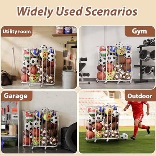 YKDIRECT 250L Rolling Ball Organizer with Locking Wheels - Large Sports Storage Basket for Basketball Soccer Football Volleyball, Steel Garage Equipment Cart with Elastic Rope for Household Storage - Thumbnail 6