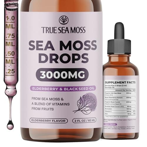 TrueSeaMoss Organic Irish Sea Moss Liquid Drops – Black Cumin Seed Oil, Black Elderberry Extract, Burdock Root, Vitamin C & Zinc – Elderberry Flavor – 30 Servings - Image 1
