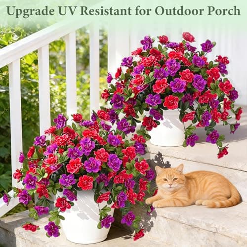 Dolicer Artificial Flowers for Outdoors, 4 Bundles UV Resistant Fake Red & Purple Artificial Outdoor Plants Look Real for Outside Front Faux Door Porch Patio Balcony Decor - Thumbnail 6