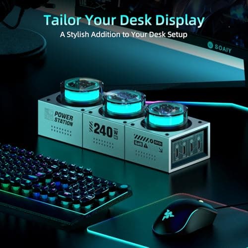 Mfish E-Tank 240W GaN Desktop Charging Station, 7-in-1 Charging Hub with 3 AC Outlets & 4 USB-C Ports (Up to 140W PD 3.1), RGB Desk Power Hub for Gaming Setup, Creator Workstation & Home Office - Thumbnail 4