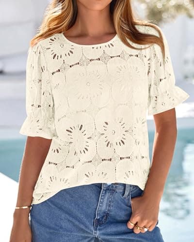 KIRUNDO Lace Tops for Women Blouses Dressy Casual Boho Eyelet Puff Short Sleeve Shirts Spring Summer Clothes Vacation Outfits(Beige, Small) - Thumbnail 2