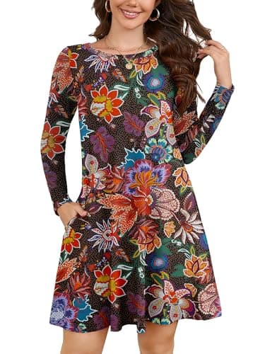 KORSIS Women Long Sleeve T-Shirt Dress Floral Round Neck Casual A-Line Loose Vocation Christmas Tunic Dresses with Pockets M - Image 1