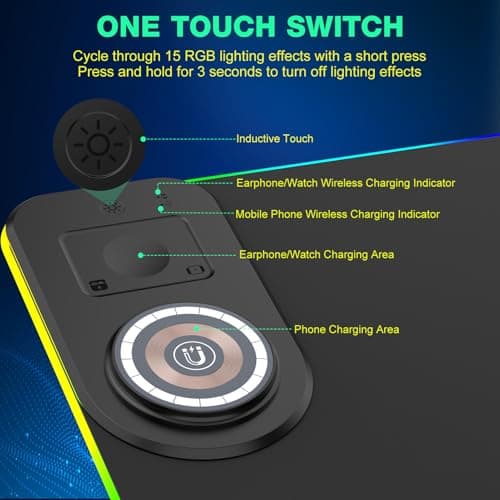 RGB Gaming Mouse Pad Wireless Charging Desk Mat with Foldable Phone Stand, Large LED Gaming Mat 800x350x4mm, 15 Light Modes, Waterproof, Keyboard Pad for PC Computer, Includes 20W PD Power Adapter - Thumbnail 6