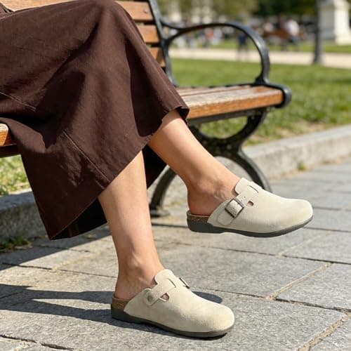 Athlefit Womens Casual Clogs Soft Cork Footbed Mules for Women with Arch Support Adjustable Buckle Slip On Shoes for Home Wear Travel Work Teachers Beige 7.5 - Thumbnail 3