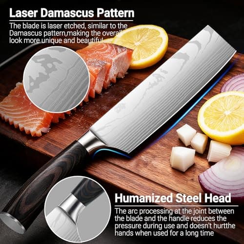 Nanbone Nakiri Knife 7 Inch Sharp Meat Cleaver and Vegetable Kitchen Knife Damascus Asian Chef Knife for Home and Kitchen with Ergonomic Handle High Carbon Stainless Steel knife Chef Cooking Gift - Thumbnail 4