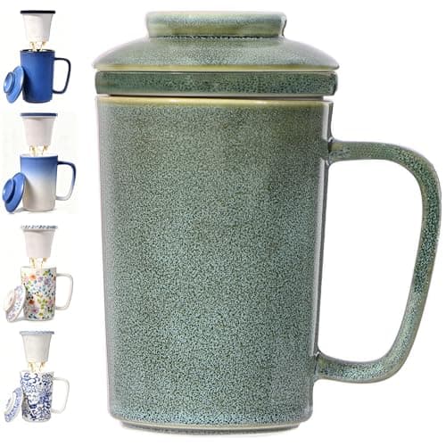 Foinly 16 oz Ceramic Tea Mug with Infuser and Lid,Porcelain Tea Cup with Ceramic Filter for Loose Leaf Tea,Microwave &Dishwasher Safe,Metal-Free,Lead-Free,Perfect for Tea,Coffee (Sage Green)