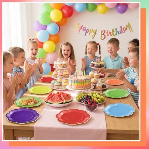 NatNarr 60 Pcs Colorful Paper Plates, 7 In Disposable Dessert Plates with Gold Edge, Scalloped Rainbow Party Plate for Wedding Birthday Baby Shower Bridal Party Supplies - Thumbnail 6