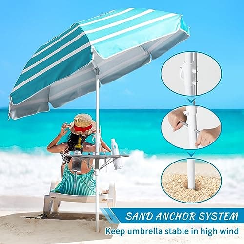 Beach Umbrella - Beach Umbrella for Sand Wind Portable with Tilt Pole, 6.56 FT Arc Length 5.9 FT Diameter, Heavy Duty Wind Resistant Striped Large Umbrellas, UV 50+ Parasol with Anchor Screw Adjustable Height and Foldable Table Board - Thumbnail 5