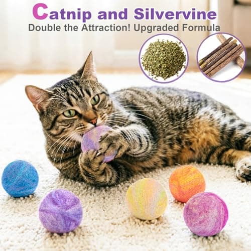 Retro Shaw Catnip Balls with Bell Inside - 6 Pcs Interactive Catnip & Silvervine Cat Toys, Durable Wool Balls for Indoor Cats, Kitten Teething Toys, Natural Catnip Toys for Bored Cats - Thumbnail 2