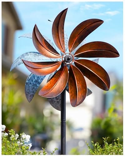 Cyan Oasis Wind Spinners Outdoor, Copper Teal Kinetic Wind Spinner with Stake, Garden Yard Spinners Windmill Decor for Patio Lawn (12" W x 70" H) - Image 1
