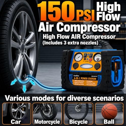 Car Battery Jump Starter with Air Compressor, 1800A Heavy-Duty Jump Starter 150 PSI Tire Inflator, 12V Jump Box Pack with 400W Inverter Power with AC/DC/USB Outlets& LED Light - Thumbnail 3