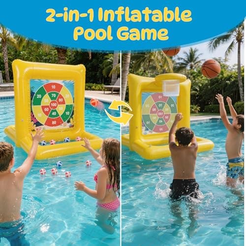 TicTac Shot Pool Toys Games for Kids & Adults, 2-in-1 Pool Basketball Hoop & Dart Target, Family Pool Party Games with Multiple Balls - Yellow - Thumbnail 2