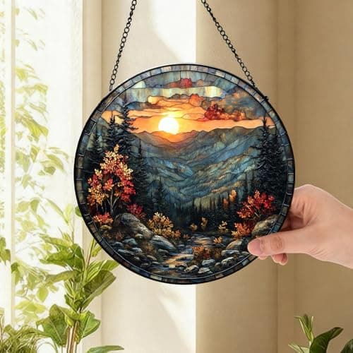 Zizzie Stained Glass Mountain River Suncatcher - 7.9" Real Glass Autumn Landscape Sunset Window Hanging, Weatherproof Rustic Cabin Lodge Decor, Nature Lover Memorial Gift for Dad Mom Men - Thumbnail 4