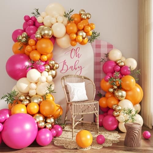 Pink and Orange Balloon Arch Kit Tropical Luau Balloon Garland Arch Kit with Orange Hot Pink Gold Ivory White Balloons for Hawaiian Beach Theme Baby Shower Bridal Shower Birthday Party Decorations