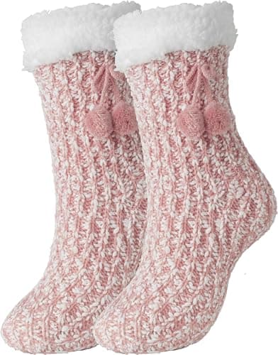 BenSorts Women's Slipper Socks with Grippers House Home Winter Warm Cozy Fuzzy Sherpa Non Slip grips Socks Comfy Soft Christmas Gift Pink - Image 1