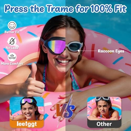 LEEIGGT Swimming Goggles for Kids 8-14, 2 Pack Anti Fog UV Kids Swim Goggles with Ear Plugs Attached - Thumbnail 2