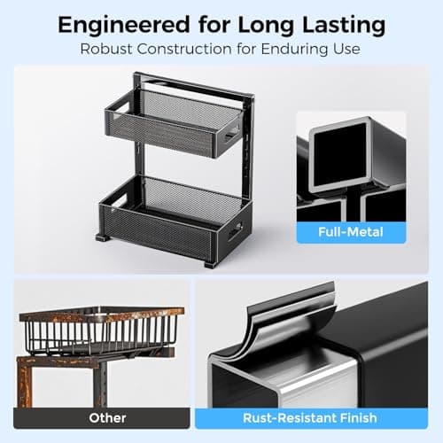 HAIREALM Under Sink Organizer 2 Tier, Adjustable Height Under Sink Organizers and Storage, Smooth & Silent Sliding Out Metal Drawer for Kitchen Bathroom Pantry Cabinet Closet - Thumbnail 5