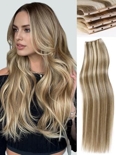 WIGNEE 100% Remy Double Weft Invisible PU OVO Human Hair Extensions 14 Inch Micro Beads Real Human Hair Extensions Blonde Ombre Wefts Hair Extensions Real Human Hair(9A/60)